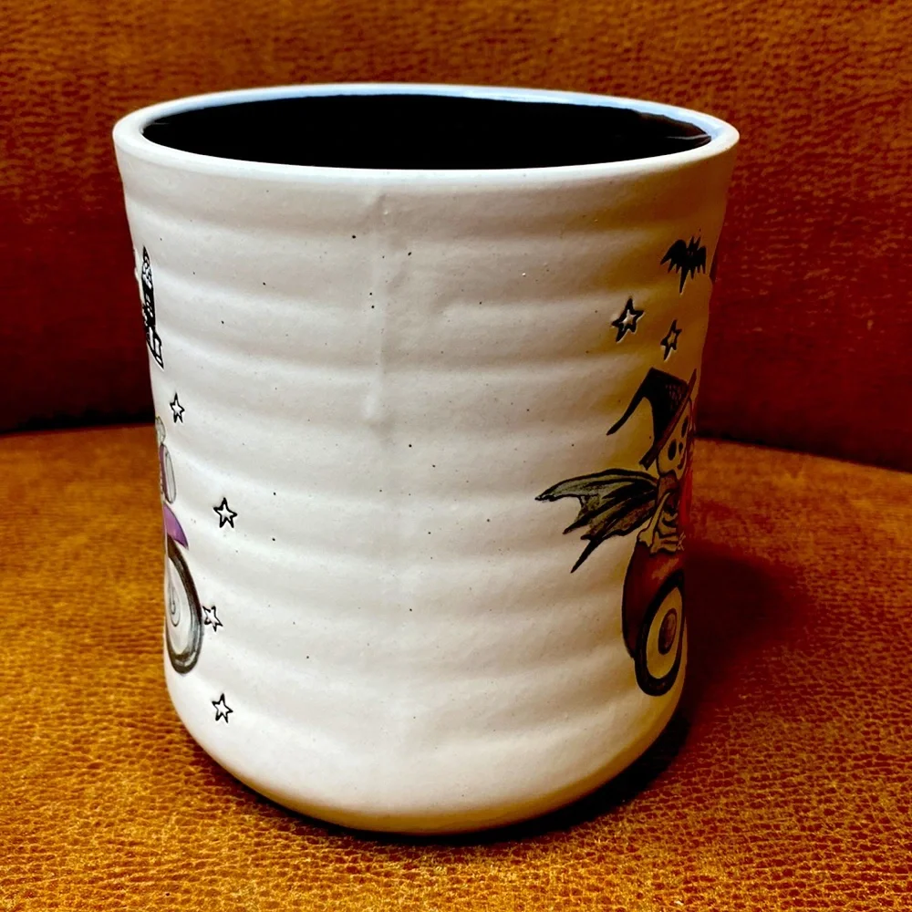Cobwebs & Cauldrons Halloween Skeletons Riding Motorcycle 18 oz Ceramic Mug